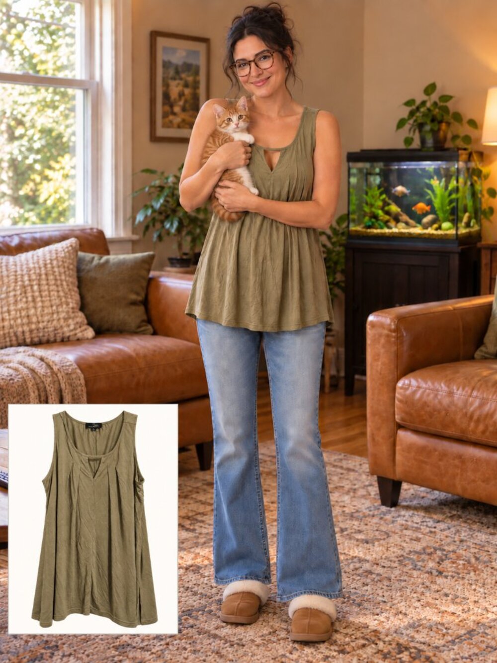 NWT Suzanne Betro Olive Green Pleated Women's Tank Top Size Large
